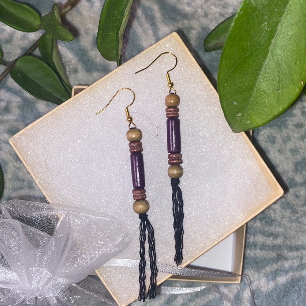 Purple theme Hand Crafted Macrame Tassel Fringe Earrings Wood Beaded Accents